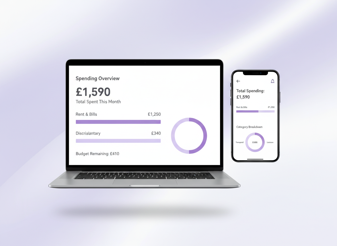 Calm Spending dashboard on laptop and phone